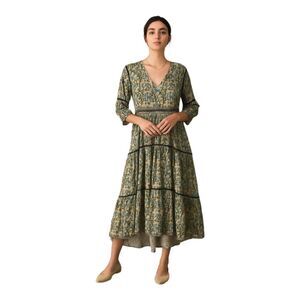 La Plage 100% Cotton V Neck Novelty Giraffe Bird Print Midi Dress